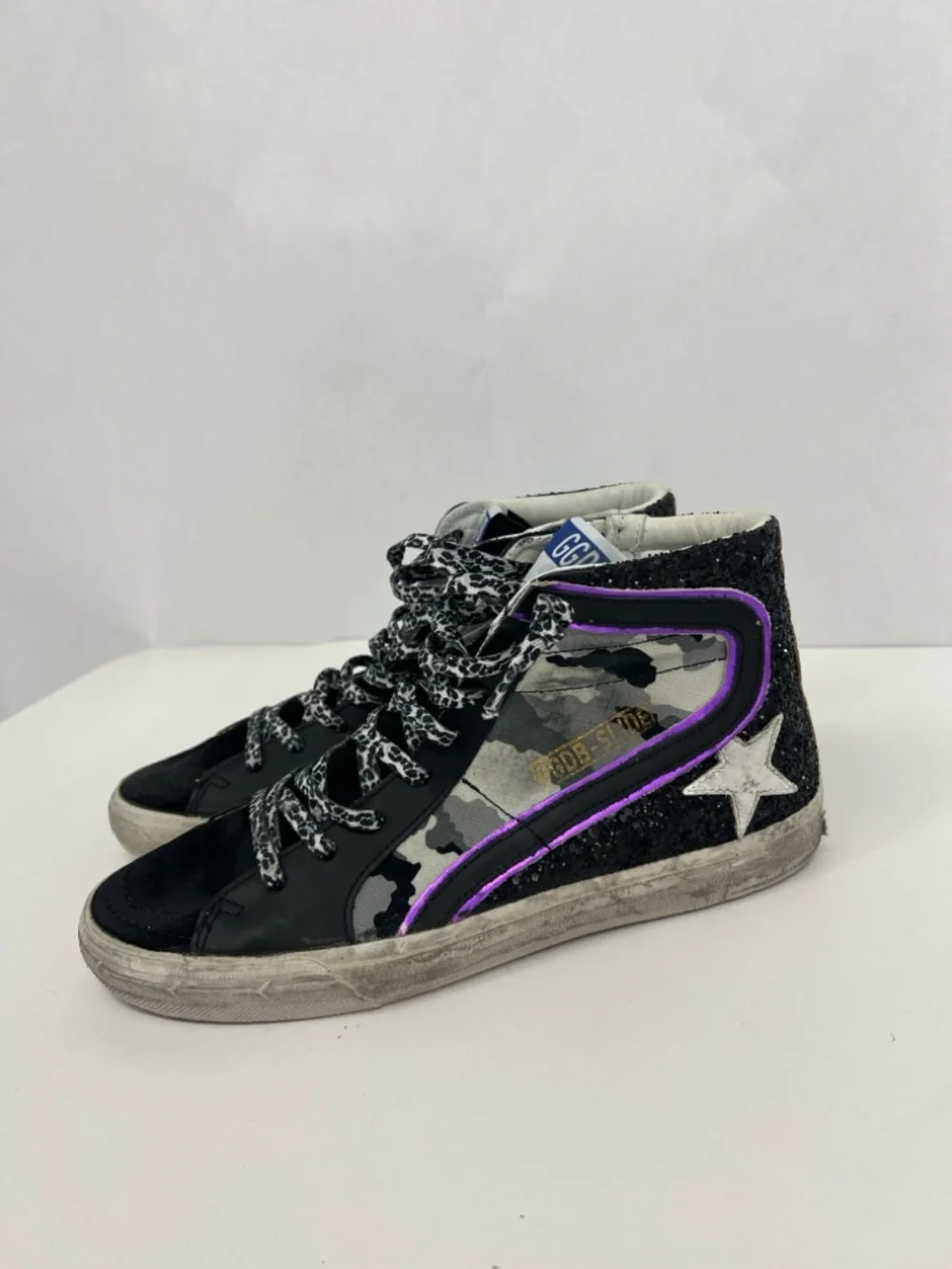 Golden Goose Slide camo glitter High-Top Sneakers in Black, Gray & Purple
